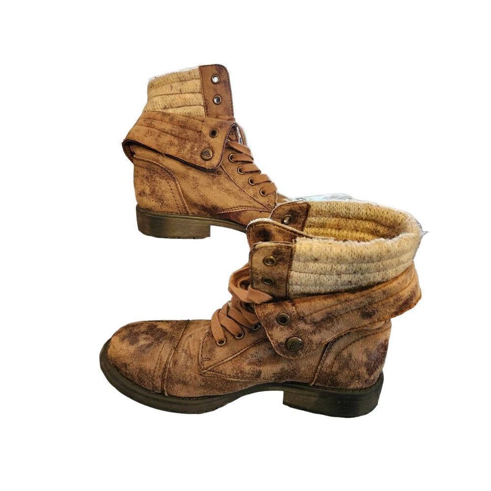 ROXY Riley Brown Lace Up Fold Over Combat Ankle Boots Shoes Size 9
